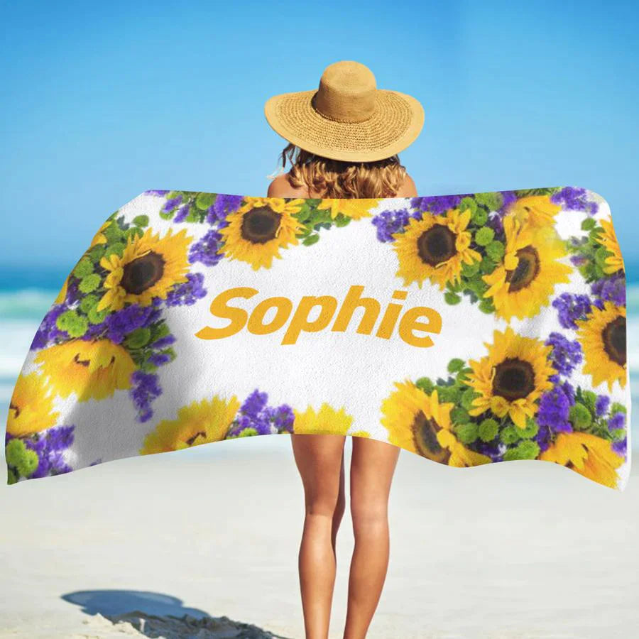 Personalized Beach Towels With Name II07- Sunflower Purple