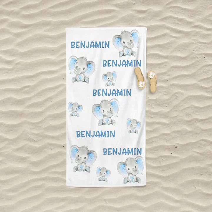 Personalized Kids Beach Towels - Elephant8 Blue